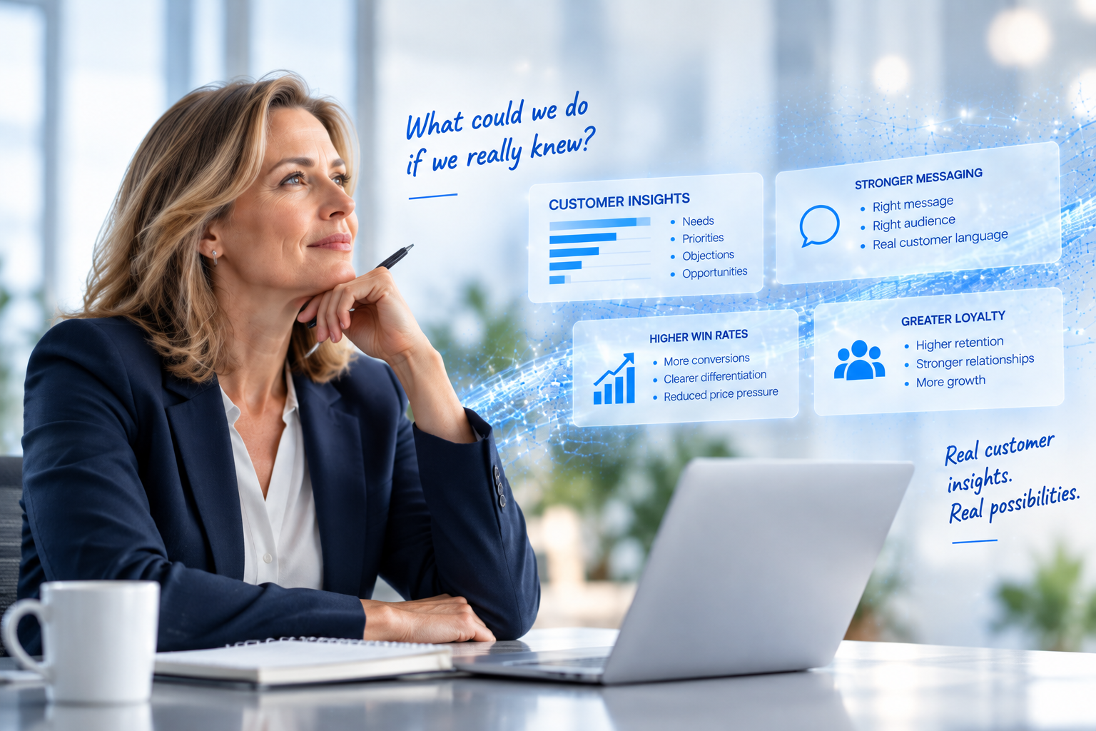Business leader imagining what stronger customer insights could unlock — stronger messaging, higher win rates and greater loyalty
